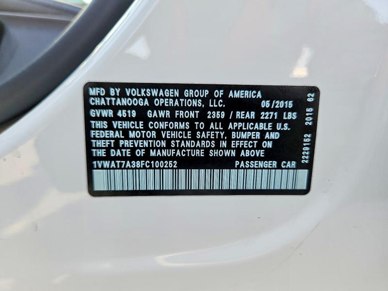 2015 Volkswagen Passat მანქანა იყიდება აუქციონზე, vin: 1VWAT7A38FC100252, აუქციონის ნომერი: 69459566