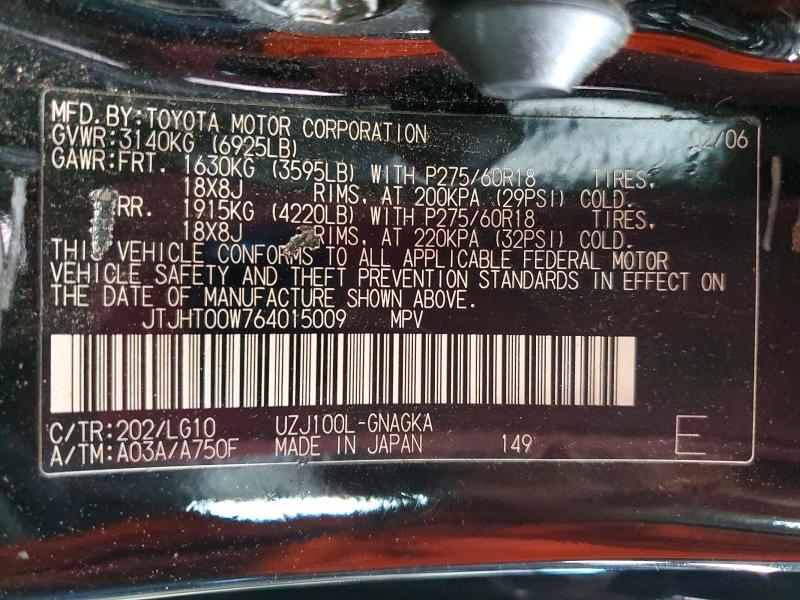 2006 Lexus Lx მანქანა იყიდება აუქციონზე, vin: JTJHT00W764015009, აუქციონის ნომერი: 68015986
