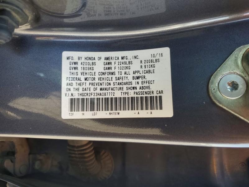 2017 Honda Accord მანქანა იყიდება აუქციონზე, vin: 1HGCR2F33HA087772, აუქციონის ნომერი: 67687226