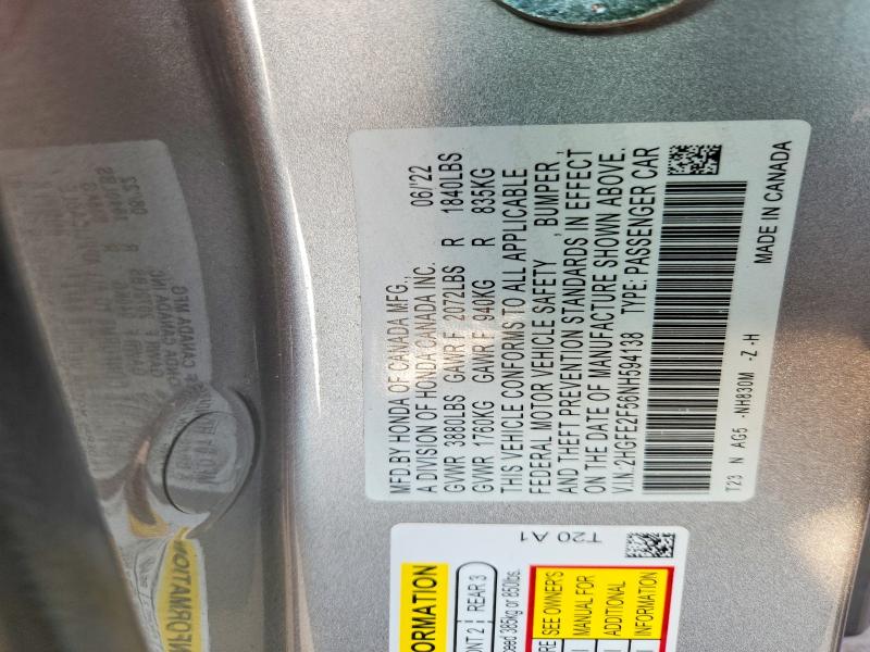 68193756 :رقم المزاد ، 2HGFE2F56NH594138 vin ، 2022 Honda Civic مزاد بيع