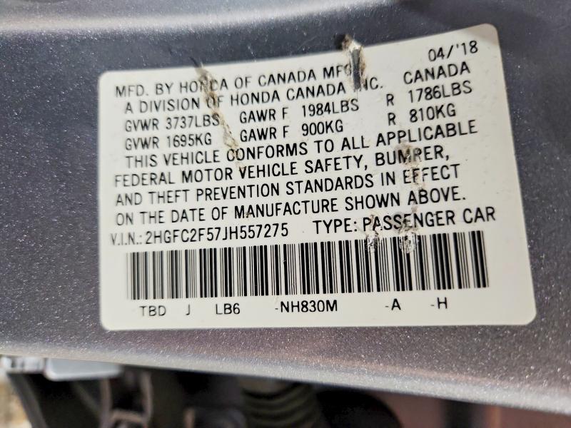 Продажа на аукционе авто 2018 Honda Civic, vin: 2HGFC2F57JH557275, номер лота: 69133006