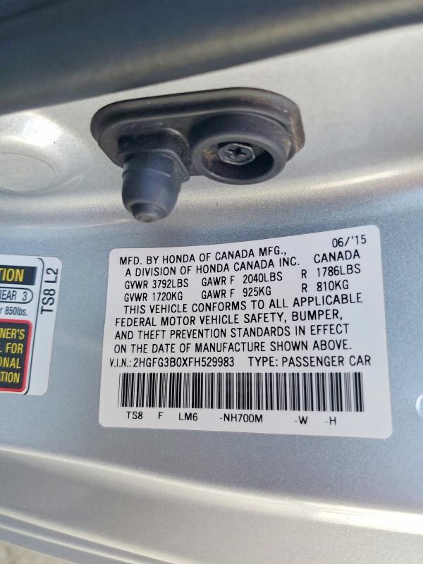 Продаж на аукціоні авто 2015 Honda Civic, vin: 2HGFG3B0XFH529983, номер лоту: 68847766