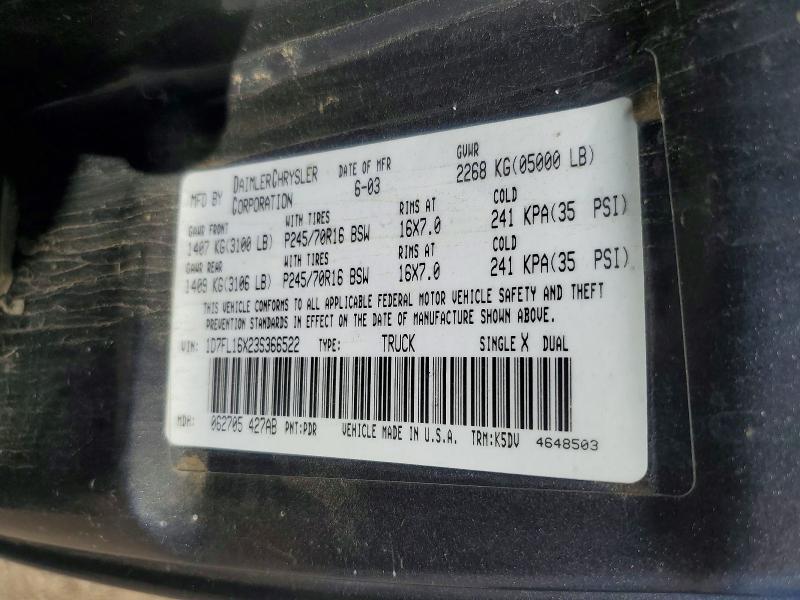 Auction sale of the 2003 Dodge Dakota, vin: 1D7FL16X23S366522        , lot number: 69322566