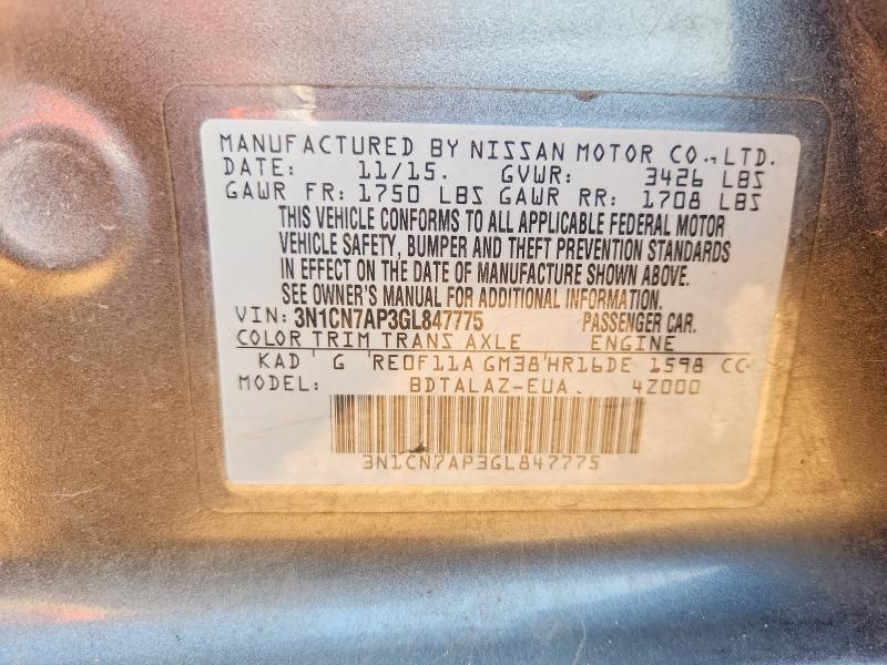 2016 Nissan Versa მანქანა იყიდება აუქციონზე, vin: 3N1CN7AP3GL847775, აუქციონის ნომერი: 69986946