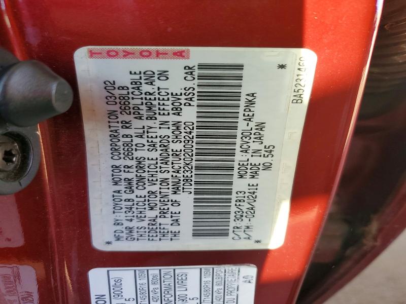 70958406 :رقم المزاد ، JTDBE32K020092420 vin ، 2002 Toyota Camry مزاد بيع