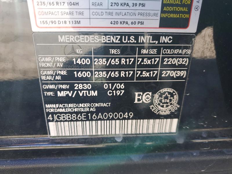 Aukcja sprzedaży 2006 Mercedes-benz Ml, vin: 4JGBB86E16A090049, numer aukcji: 70683726