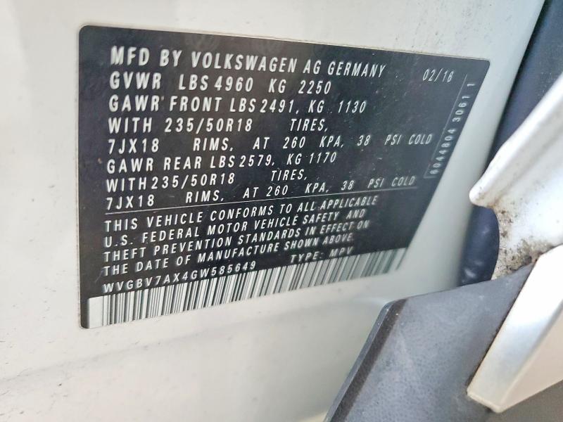 69093076 :رقم المزاد ، WVGBV7AX4GW585649         vin ، 2016 Volkswagen Tiguan مزاد بيع
