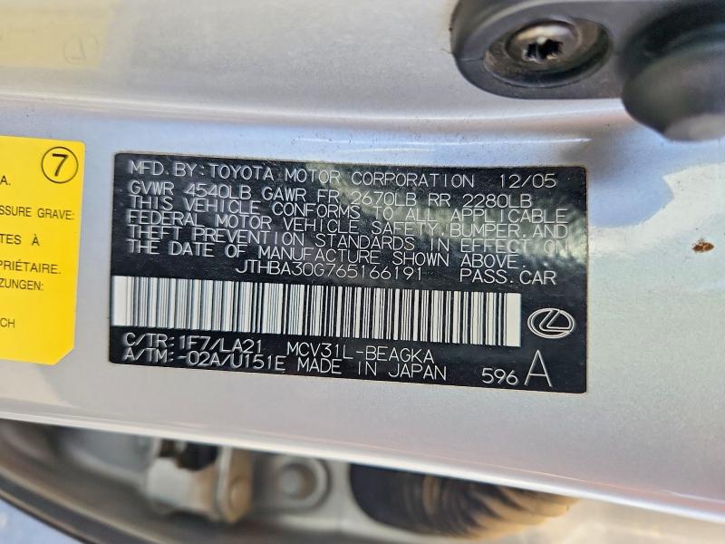 67999566 :رقم المزاد ، JTHBA30G765166191 vin ، 2006 Lexus Es مزاد بيع