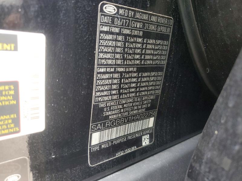70236236 :رقم المزاد ، SALRGBBV1HA022756 vin ، 2017 Land Rover Discovery مزاد بيع