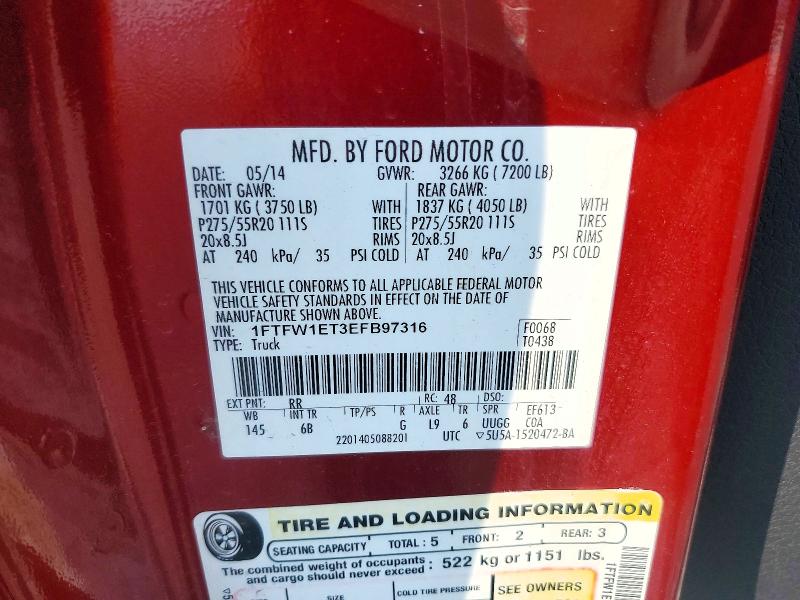 67177166 :رقم المزاد ، 1FTFW1ET3EFB97316 vin ، 2014 Ford F150 مزاد بيع