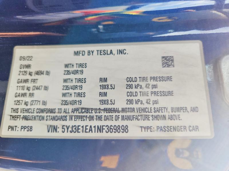 2022 Tesla Model 3 მანქანა იყიდება აუქციონზე, vin: 5YJ3E1EA1NF369898, აუქციონის ნომერი: 70176556