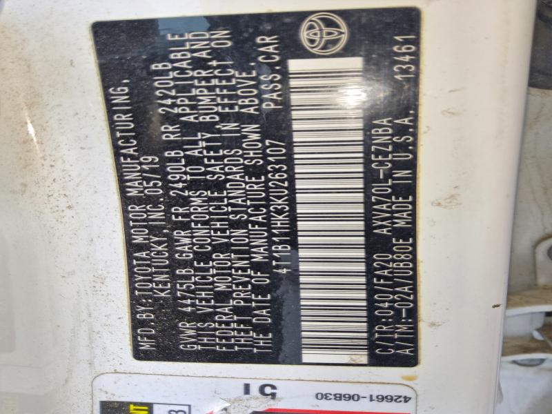 2019 Toyota Camry მანქანა იყიდება აუქციონზე, vin: 4T1B11HK3KU263107, აუქციონის ნომერი: 67377836