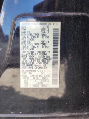 2008 Nissan Xterra მანქანა იყიდება აუქციონზე, vin: 5N1AN08U88C511703, აუქციონის ნომერი: 69607916