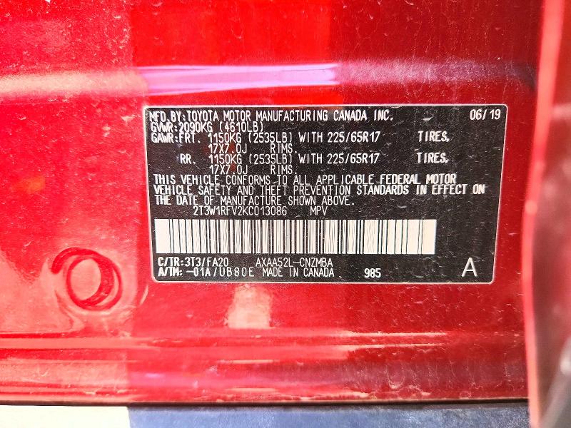 67560836 :رقم المزاد ، 2T3W1RFV2KC013086 vin ، 2019 Toyota Rav4 مزاد بيع