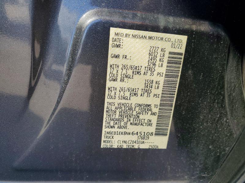 70722026 :رقم المزاد ، 1N6ED1EK8NN645108 vin ، 2022 Nissan Frontier مزاد بيع