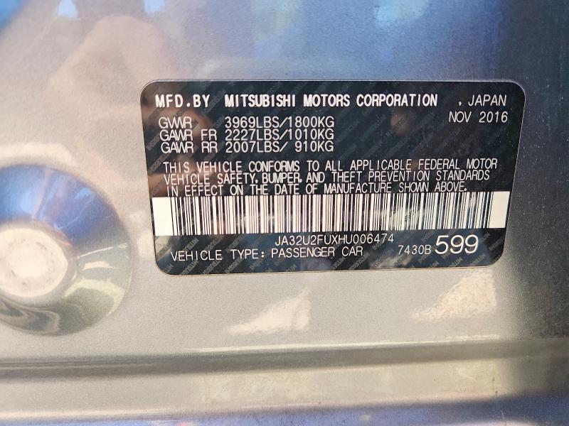 2017 Mitsubishi Lancer მანქანა იყიდება აუქციონზე, vin: JA32U2FUXHU006474, აუქციონის ნომერი: 69142906
