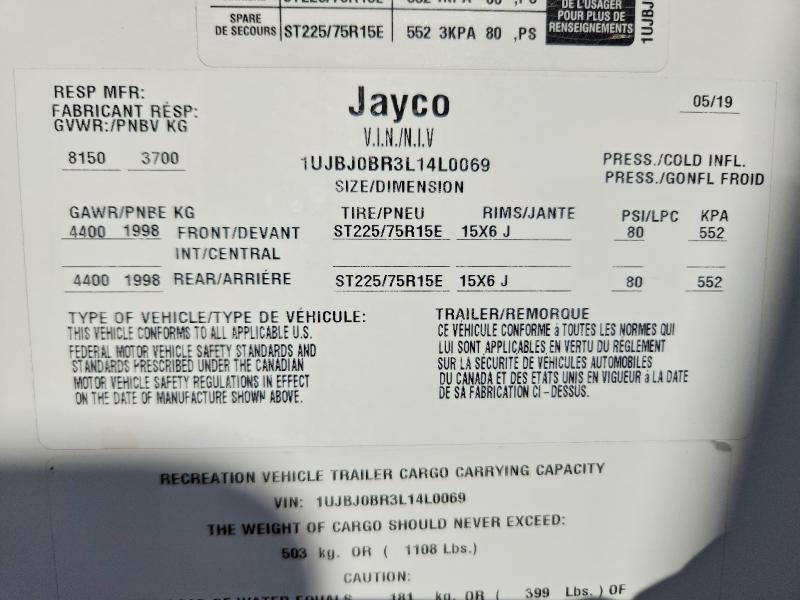 66437496 :رقم المزاد ، 1UJBJ0BR3L14L0069 vin ، 2020 Jaco Jay Flight Trv Trail مزاد بيع