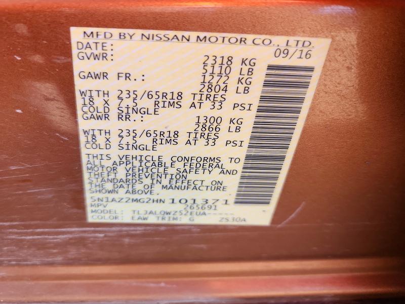 Продажа на аукционе авто 2017 Nissan Murano, vin: 5N1AZ2MG2HN101371, номер лота: 69283436