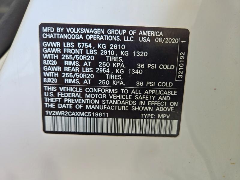 2021 Volkswagen Atlas მანქანა იყიდება აუქციონზე, vin: 1V2WR2CAXMC519611, აუქციონის ნომერი: 71302676