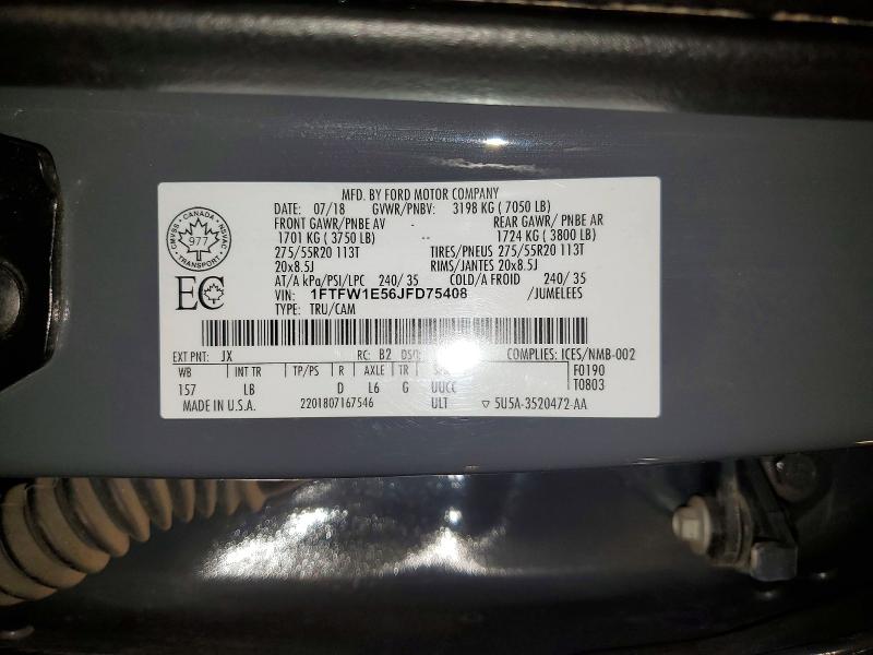 66356686 :رقم المزاد ، 1FTFW1E56JFD75408 vin ، 2018 Ford F150 مزاد بيع