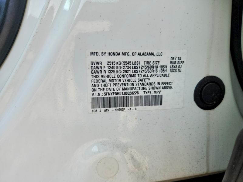 Продажа на аукционе авто 2018 Honda Pilot, vin: 5FNYF5H51JB028228, номер лота: 67320736