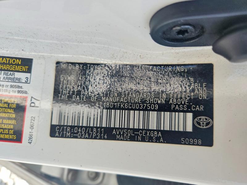 2012 Toyota Camry Hybrid მანქანა იყიდება აუქციონზე, vin: 4T1BD1FK6CU037509, აუქციონის ნომერი: 67792246
