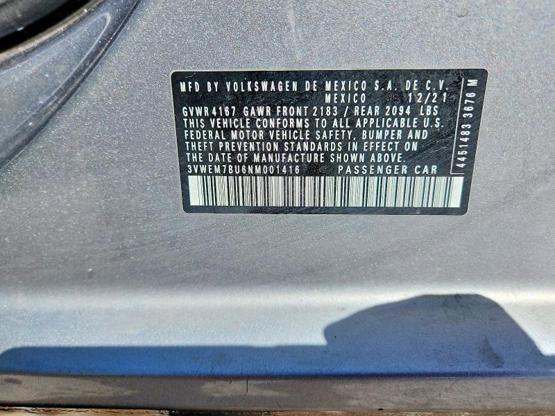 Aukcja sprzedaży 2022 Volkswagen Jetta, vin: 3VWEM7BU6NM001416, numer aukcji: 67877466