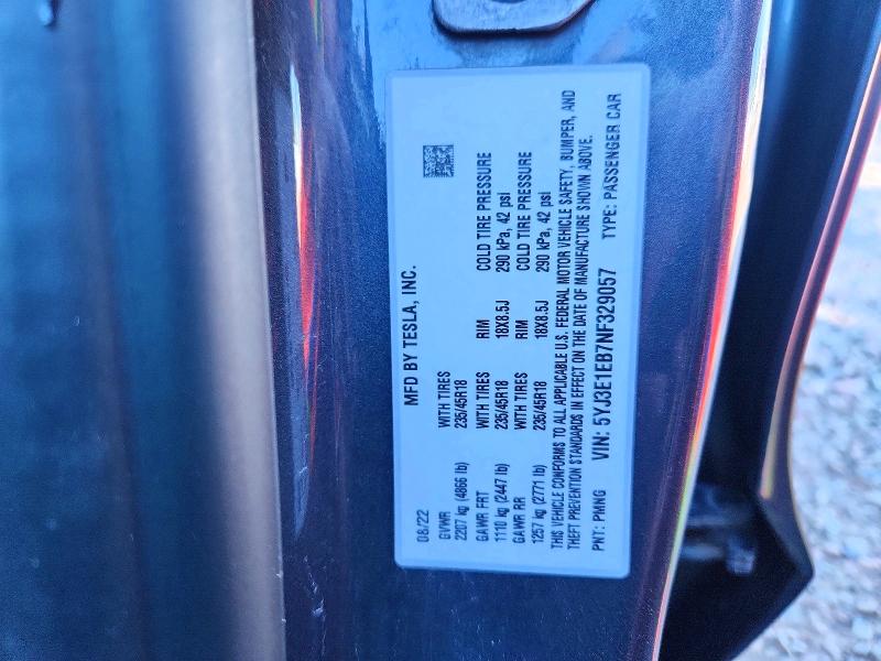 2022 Tesla Model 3 მანქანა იყიდება აუქციონზე, vin: 5YJ3E1EB7NF329057, აუქციონის ნომერი: 66623326