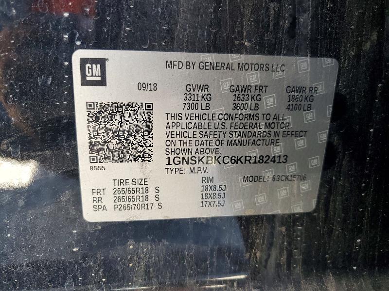 2019 Chevrolet Tahoe მანქანა იყიდება აუქციონზე, vin: 1GNSKBKC6KR182413, აუქციონის ნომერი: 67372816
