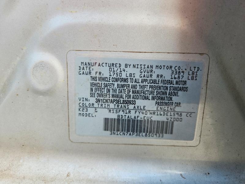 70070896 :رقم المزاد ، 3N1CN7AP3EL850933 vin ، 2014 Nissan Versa مزاد بيع