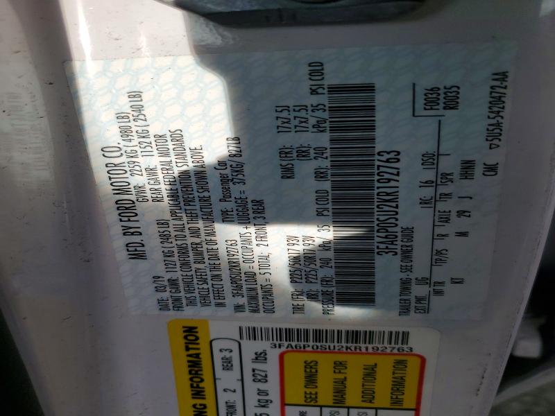 Продаж на аукціоні авто 2019 Ford Fusion, vin: 3FA6P0SU2KR192763, номер лоту: 70104636