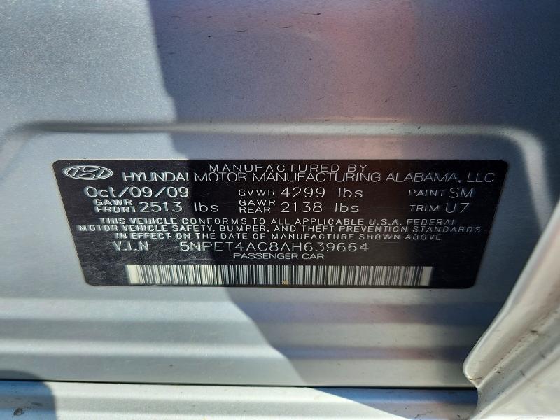 2010 Hyundai Sonata მანქანა იყიდება აუქციონზე, vin: 5NPET4AC8AH639664, აუქციონის ნომერი: 68405506