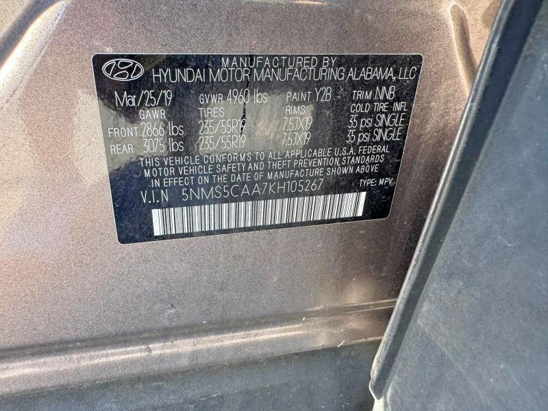 2019 Hyundai Santa Fe მანქანა იყიდება აუქციონზე, vin: 5NMS5CAA7KH105267, აუქციონის ნომერი: 69552356