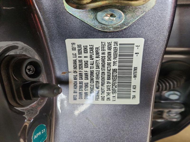 Продаж на аукціоні авто 2019 Honda Civic, vin: 19XFC2F61KE027386, номер лоту: 69755906