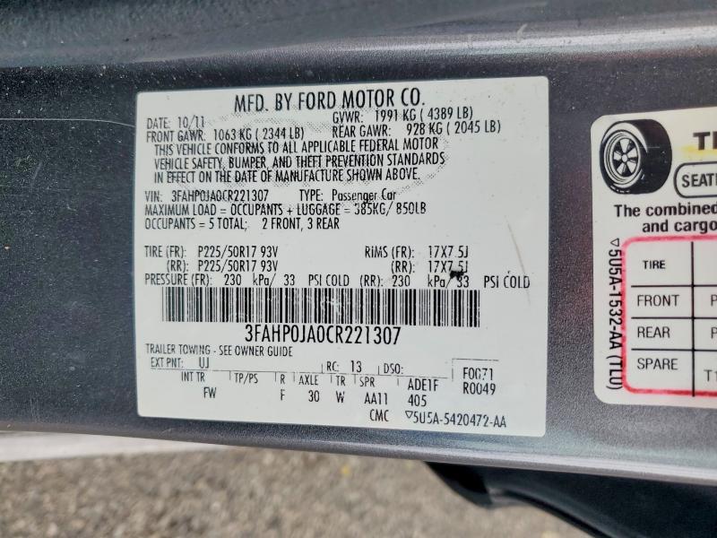 Aukcja sprzedaży 2012 Ford Fusion, vin: 3FAHP0JA0CR221307, numer aukcji: 69812576