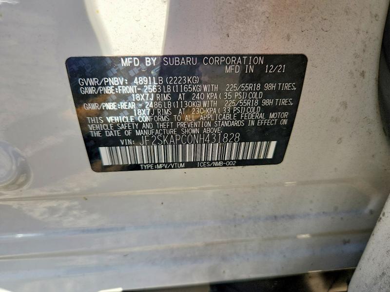 67934386 :رقم المزاد ، JF2SKAPC0NH431828 vin ، 2022 Subaru Forester مزاد بيع