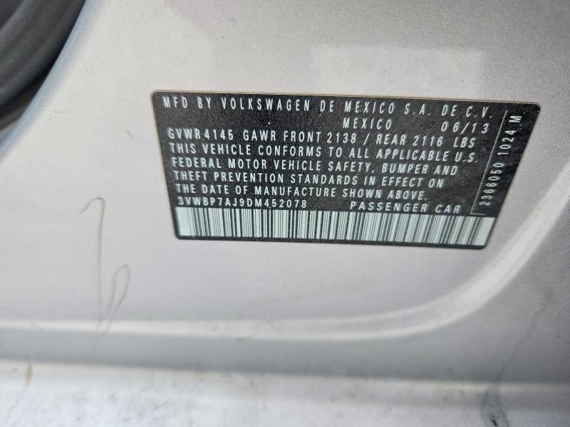 Auction sale of the 2013 Volkswagen Jetta, vin: 3VWBP7AJ9DM452078, lot number: 70811296