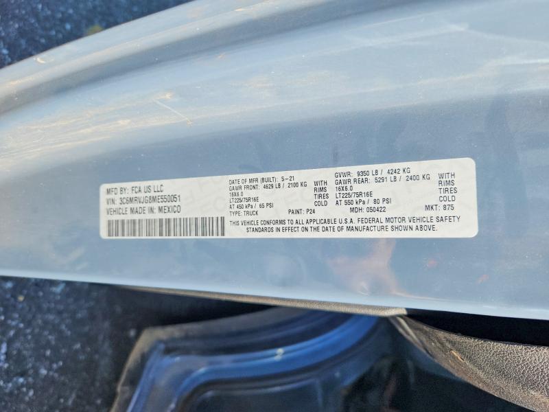 Продаж на аукціоні авто 2021 Ram Promaster 3500, vin: 3C6MRVJG8ME550051, номер лоту: 67938016