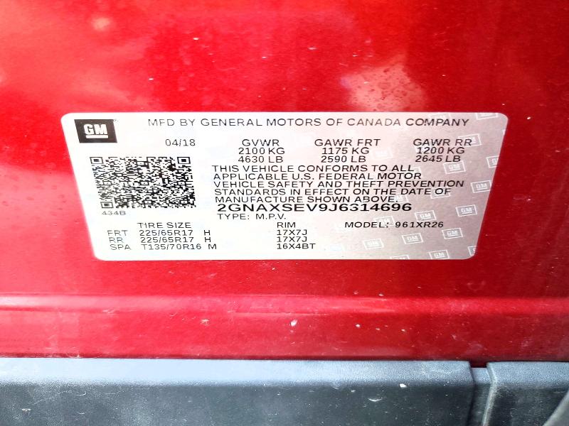 Aukcja sprzedaży 2018 Chevrolet Equinox, vin: 2GNAXSEV9J6314696, numer aukcji: 68943886