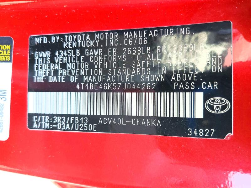 Продаж на аукціоні авто 2007 Toyota Camry, vin: 4T1BE46K57U044262, номер лоту: 69492626