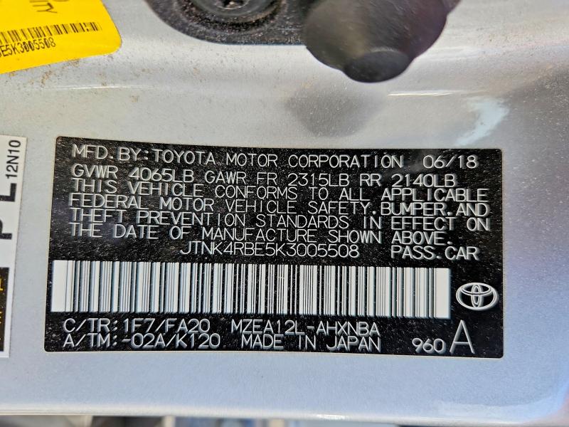 70132406 :رقم المزاد ، JTNK4RBE5K3005508 vin ، 2019 Toyota Corolla Hatchback مزاد بيع