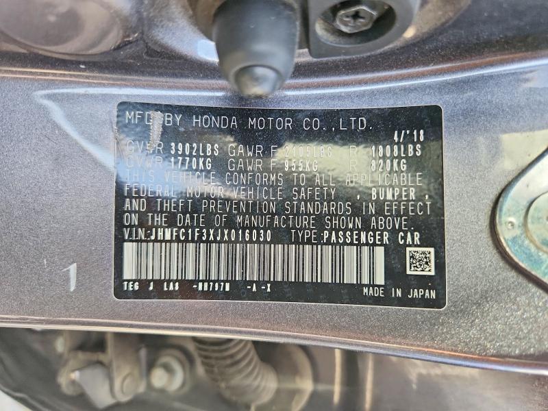 Продаж на аукціоні авто 2018 Honda Civic, vin: JHMFC1F3XJX016030, номер лоту: 68640956