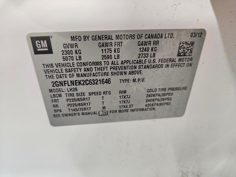 67810436 :رقم المزاد ، 2GNFLNEK2C6321646 vin ، 2012 Chevrolet Equinox مزاد بيع