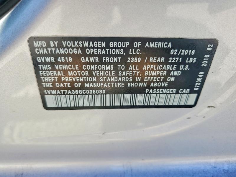 67541876 :رقم المزاد ، 1VWAT7A36GC035080 vin ، 2016 Volkswagen Passat مزاد بيع