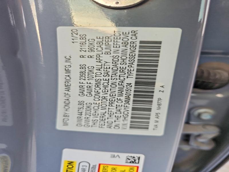 Продажа на аукционе авто 2021 Honda Accord, vin: 1HGCV1F34MA015124, номер лота: 70628246