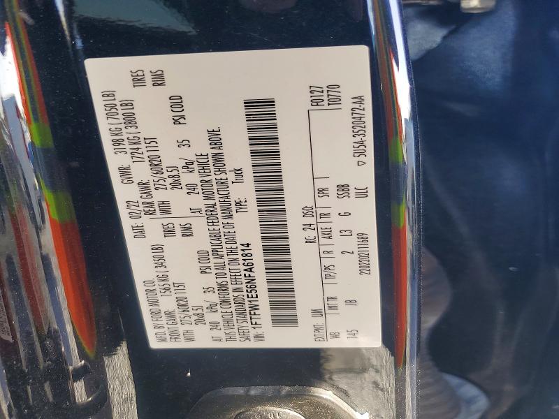 2022 Ford F150 მანქანა იყიდება აუქციონზე, vin: 1FTFW1E56NFA61814, აუქციონის ნომერი: 69163656