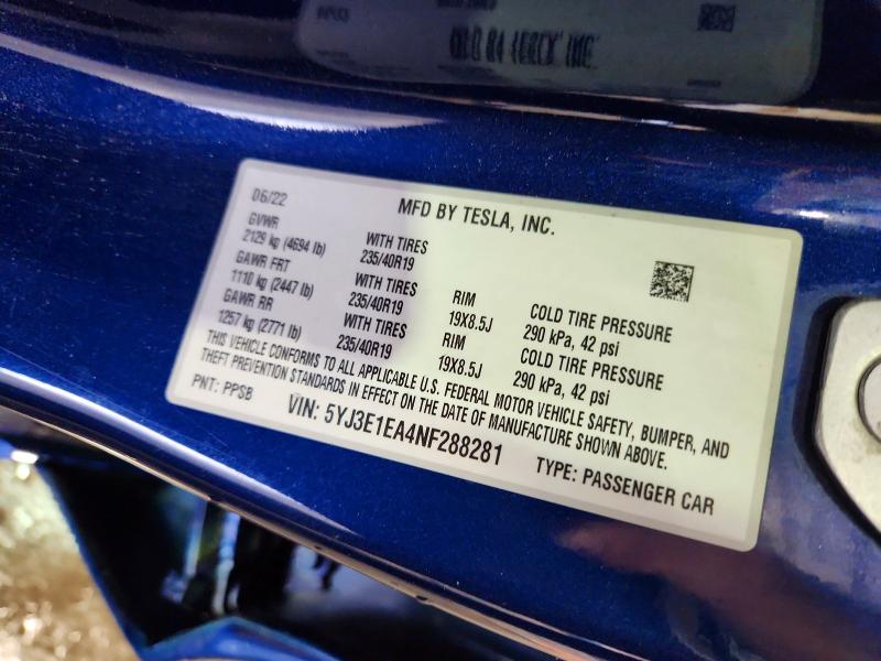 Aukcja sprzedaży 2022 Tesla Model 3, vin: 5YJ3E1EA4NF288281, numer aukcji: 67916286