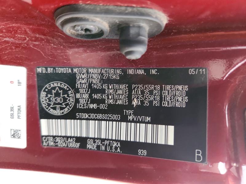 Aukcja sprzedaży 2011 Toyota Sienna, vin: 5TDDK3DC6BS025003, numer aukcji: 67715936