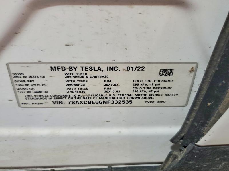 2022 Tesla Model X მანქანა იყიდება აუქციონზე, vin: 7SAXCBE66NF332535, აუქციონის ნომერი: 69253846