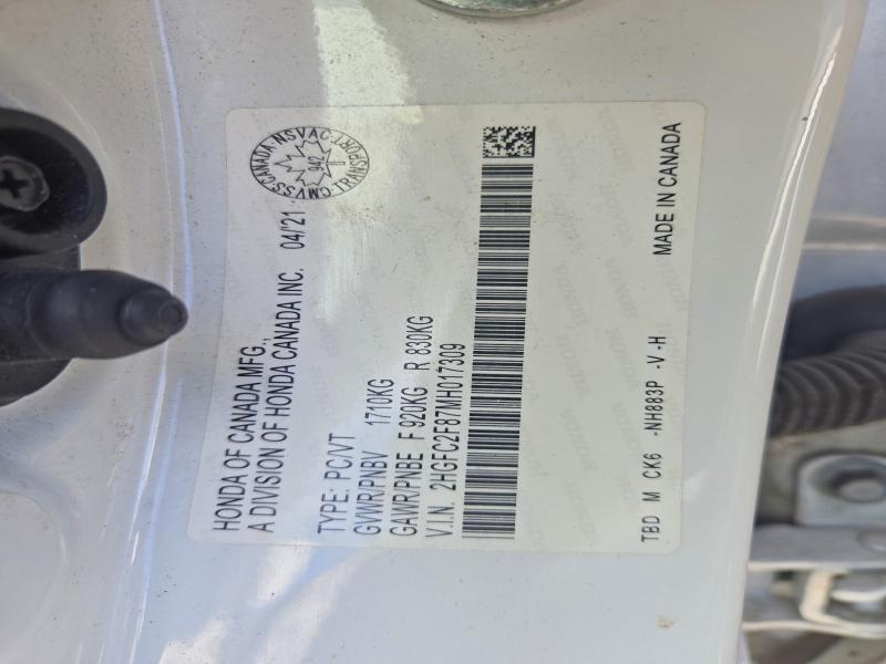 68075746 :رقم المزاد ، 2HGFC2F87MH017309 vin ، 2021 Honda Civic مزاد بيع